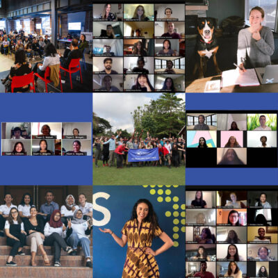 Collage of group photos, Zoom meetings, presentations, and people posing in professional and casual settings.