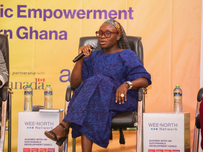 800x600 (5) Une femme en bleu parle dans un microphone alors qu'elle est assise dans un panel lors d'un événement au Ghana.