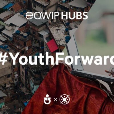 Split image: left shows crowded city rooftops, right shows a woman using a laptop; text reads "#YouthForward".
