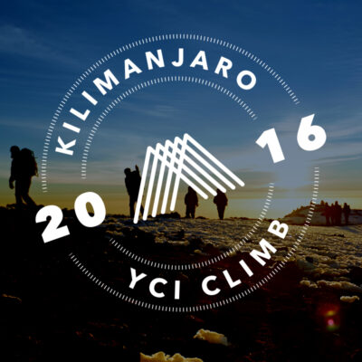 Silhouettes of hikers on Kilimanjaro at sunset with "Kilimanjaro 2016 YCI Climb" logo overlay.