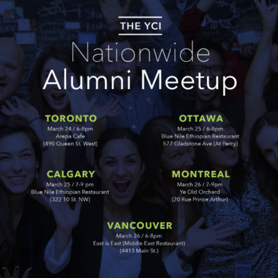 A poster for "Nationwide Alumni Meetup" with dates, times, and locations in Toronto, Calgary, Vancouver, Ottawa, and Montreal.