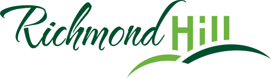 Richmond Hill logo with stylized text and green hills graphic.