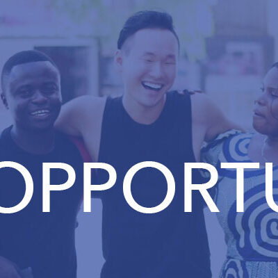 Six people smiling and talking together with "JOB OPPORTUNITY" text overlayed on the image.