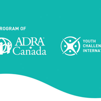 ADRA Canada and Youth Challenge International logos on a turquoise background with white wave design.