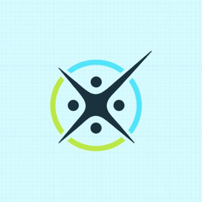 Abstract logo with a black star, four dots, and partial blue and green circles on a light blue grid background.